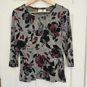 Weekends by Chico’s Floral Ribbons Long Top 3/4 Sleeve Gray/Maroon Sz 0 (Small)
